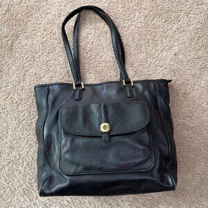 Tory Burch Tote Bag Black Pebbled Leather Pockets Work Business Classic Minimal